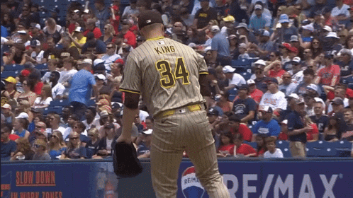 a baseball player with the number 34 on his jersey stands in front of a crowd