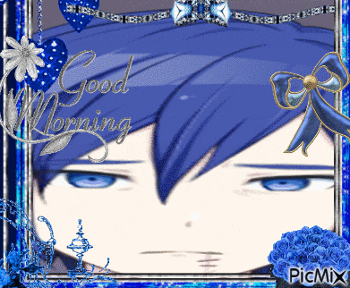a picture of a boy with blue hair and the words " good morning "