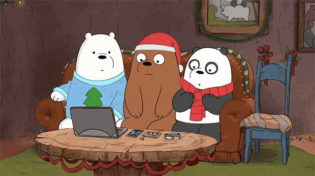a cartoon of three bears sitting on a couch with a laptop