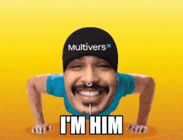 a man is doing push ups with a multivers hat on his head