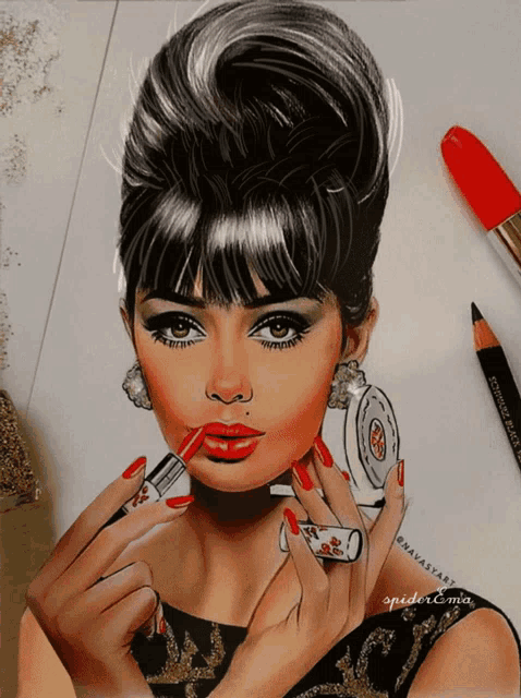 a drawing of a woman applying red lipstick with a pencil that says spidermia