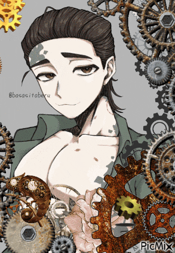 a drawing of a man surrounded by gears with picmix in the corner