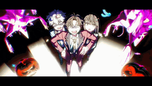 a group of anime characters standing next to each other with a pumpkin in the background