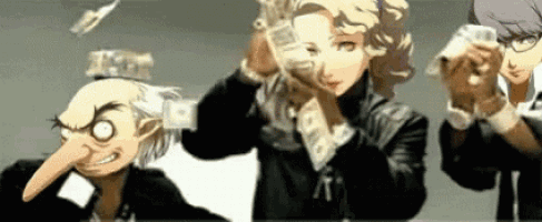 a group of cartoon characters are holding money in their hands .