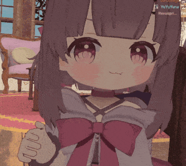 a girl with purple hair and a pink bow is in a room with a purple chair