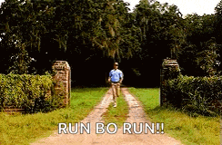 a man is running down a dirt road with the words `` run bo run '' written on it .