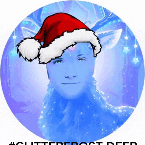 a drawing of a deer wearing a santa hat with the hashtag #clutterfrost deer