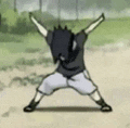 a cartoon character is standing on a dirt field with his arms outstretched .