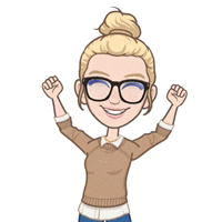 a cartoon woman wearing glasses and a brown sweater is raising her arms in the air .