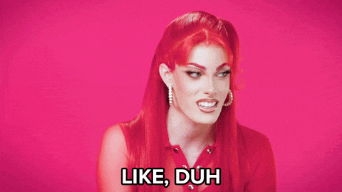 a woman with red hair says " like duh " on a pink background