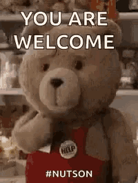 a teddy bear wearing a red apron and a help button is standing in front of a refrigerator .