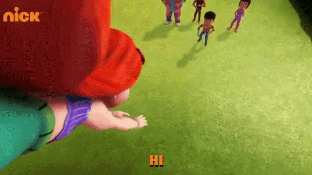 a group of cartoon characters are standing on a grassy field with the word hi in red