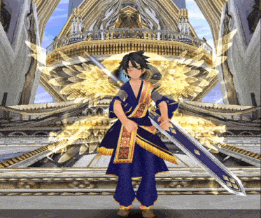 a boy in a blue and gold outfit holds a large sword