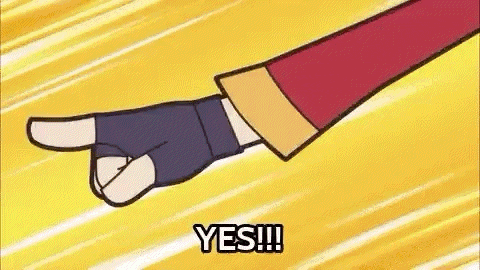 a cartoon hand is pointing at the camera with the word yes .