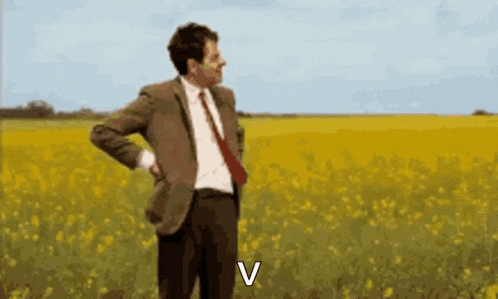 a man in a suit and tie is standing in a field of yellow flowers with his hands on his back .