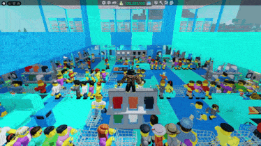 a screenshot of a video game shows a man standing in the middle of a crowd of people