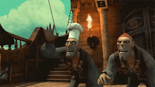 a cartoon character wearing a chef 's hat stands next to another cartoon character