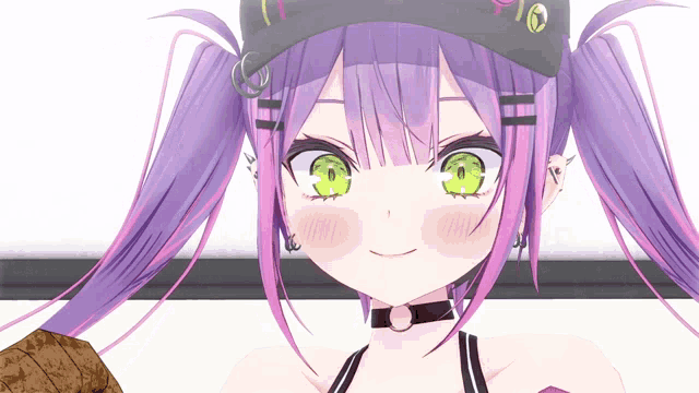 a girl with purple hair and green eyes is wearing a black hat with the number 6 on it