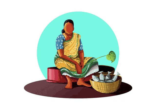 a painting of a woman sitting next to a basket full of fish