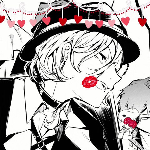 a black and white drawing of a person with red lips and hearts