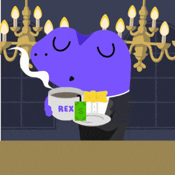 a cartoon of a dinosaur holding a cup of coffee with rex written on it