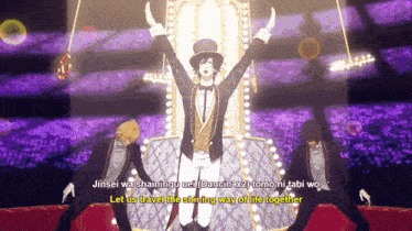a man in a top hat stands on a stage with his arms outstretched and says let us travel