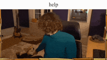 a person with curly hair is petting a dog and the word help is on the bottom