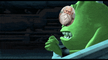 a green monster has a picture of an elderly man in it 's mouth