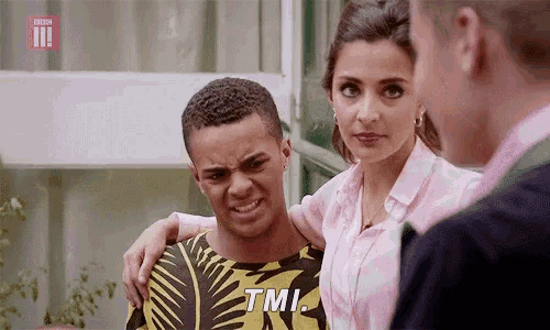 a man and a woman are standing next to each other and the woman is saying tmi