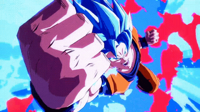 a cartoon character with blue hair is flying through the air with a fist in the air