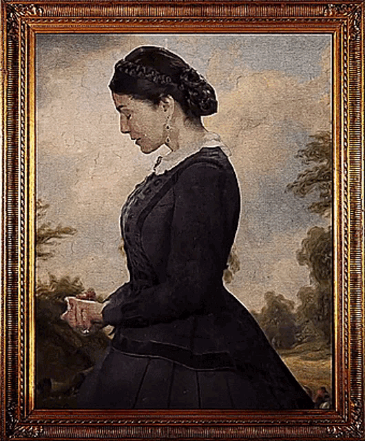 a painting of a woman in a black dress is framed in a gold frame