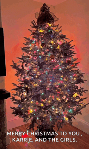 a picture of a christmas tree with the words merry christmas to you karrie and the girls below it