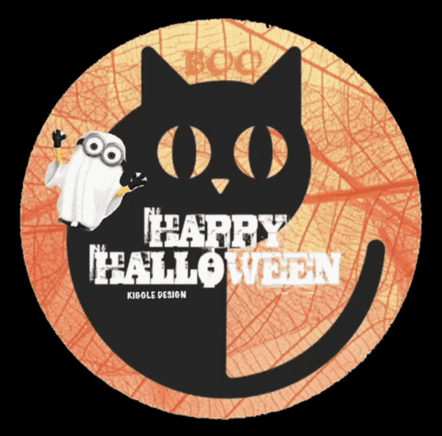 a happy halloween sign with a black cat and a ghost on it