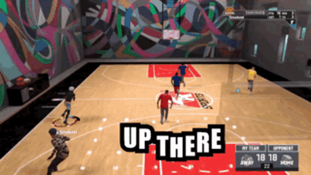 a basketball game is being played and the words up there are on the court