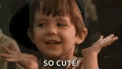 a little boy is smiling and saying `` so cute '' with his hands in the air .