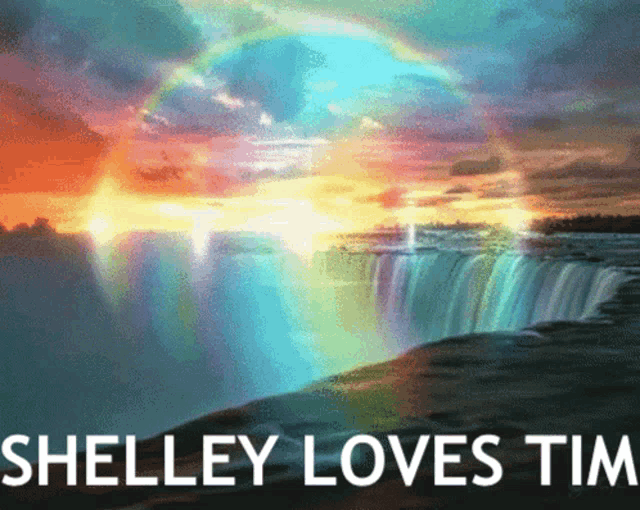 a picture of a waterfall with the words shelley loves tim on the bottom
