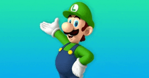 a cartoon character wearing overalls and a hat with the letter l on it