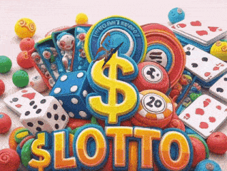 a bunch of colorful toys and a sign that says lotto on it