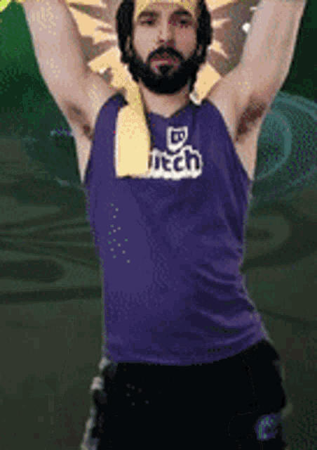 a man with a beard wearing a purple twitch tank top