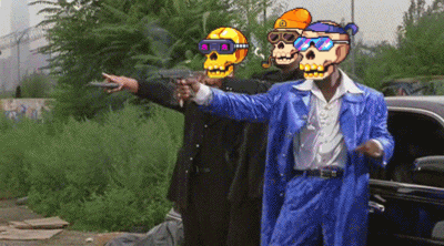 a man in a blue suit has a skull on his head and is pointing at something