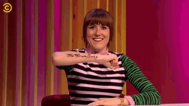 a woman with a tattoo on her arm that says the female boss .
