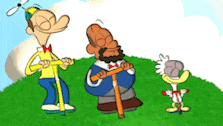 three cartoon characters are standing on a grassy hill
