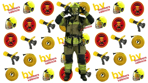 a fireman is surrounded by bombers valencia logos on a white background