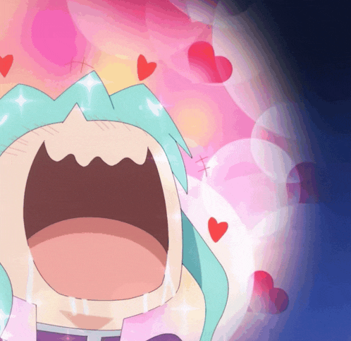 a cartoon of a girl with her mouth open and hearts coming out of it