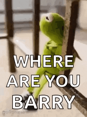 kermit the frog is leaning against a wall with the words `` where are you barry '' written on it .