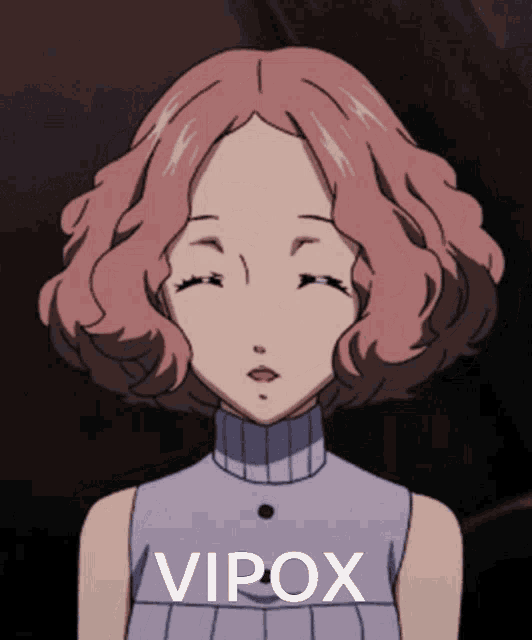 a picture of a girl with pink hair and the word vipox