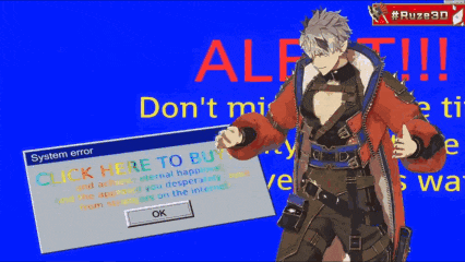 a man is standing in front of a computer screen that says " click here to buy "