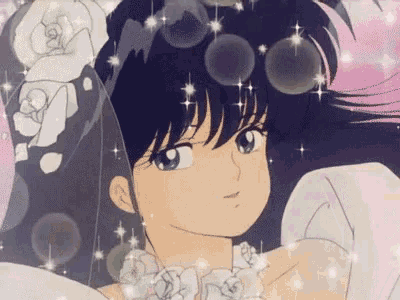 a girl in a wedding dress is surrounded by bubbles and stars .