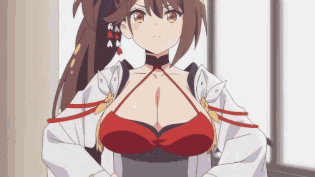 a girl with a very large breast is wearing a white shirt