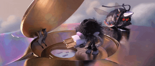 a cartoon cat and a fly are playing a cd